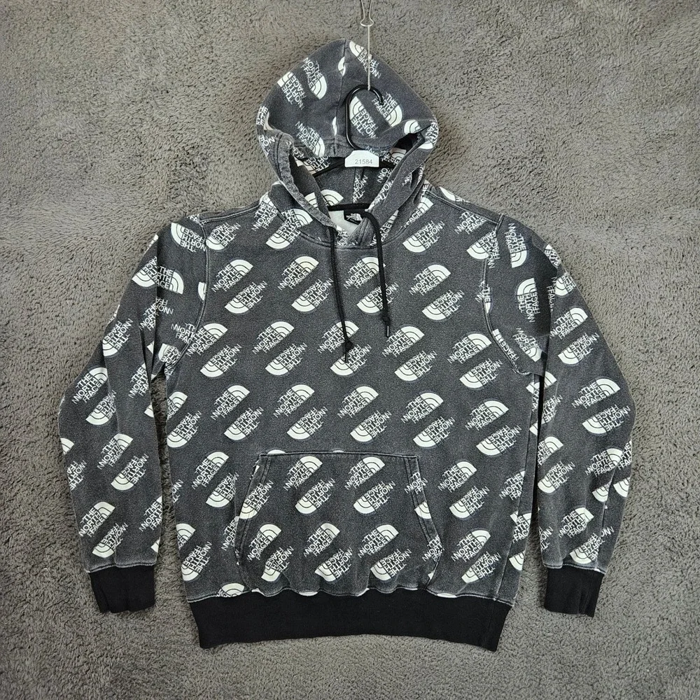 The North Face Mens Medium All Over Logo Print Pullover Hoodie Black Grey